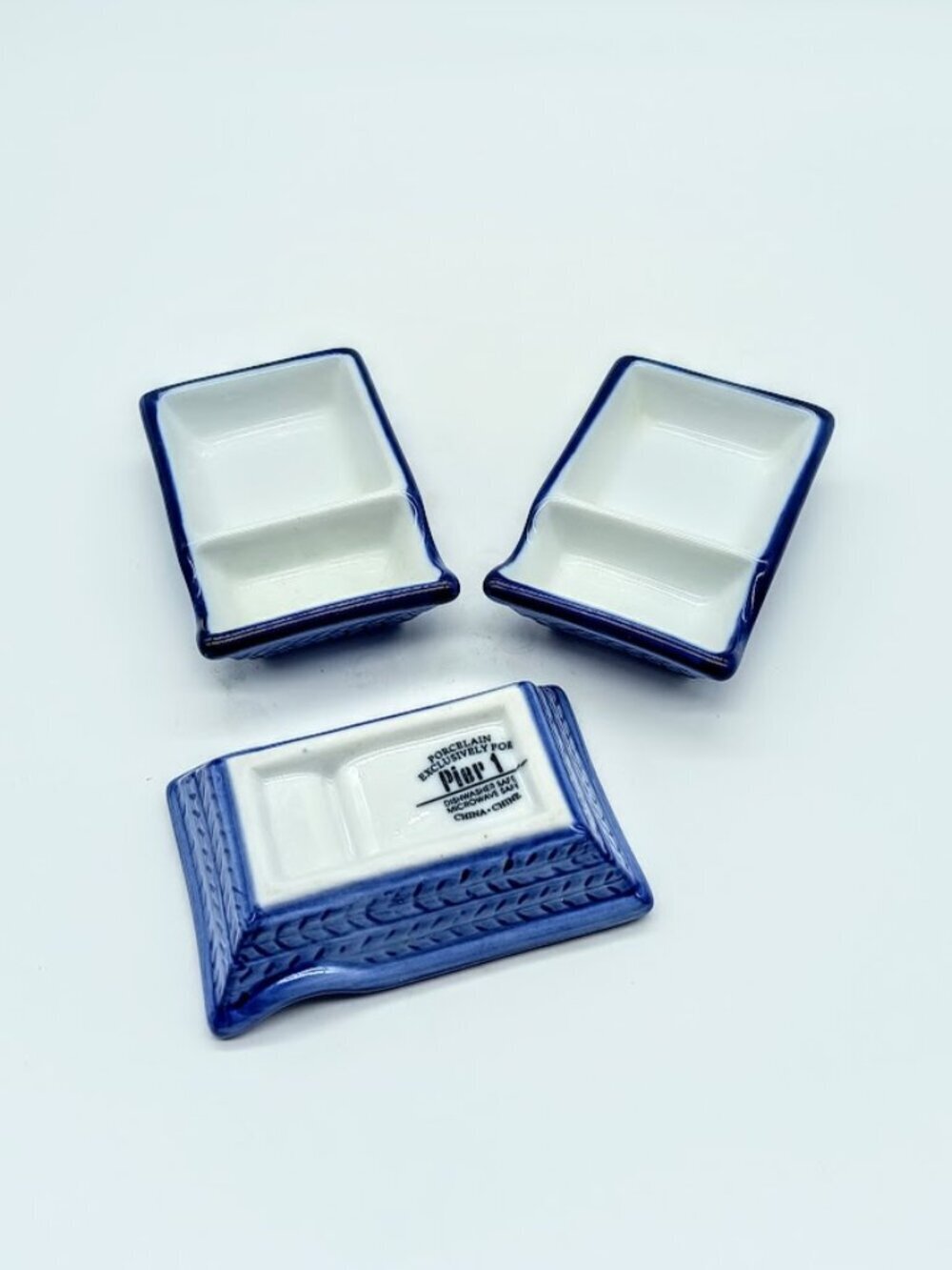 Set of 3 Pier 1 Divided Condiment Sauce Porcelain Dishes